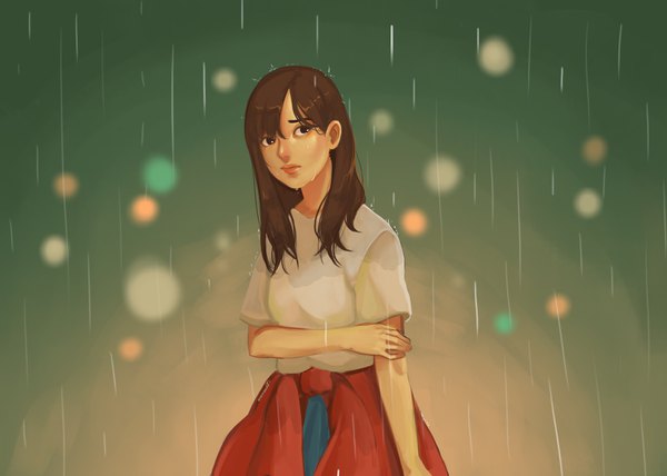 Anime picture 3297x2356 with original aranren single long hair fringe highres hair between eyes brown hair standing brown eyes looking away absurdres upper body tears lens flare rain crying sad holding arm clothes around waist