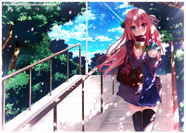 Anime picture 1000x715 with original kaho okashii single long hair looking at viewer blush smile pink hair pink eyes girl thighhighs uniform black thighhighs plant (plants) school uniform tree (trees) jacket scarf school bag