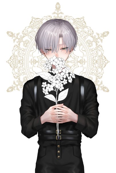 Anime picture 2362x3496 with original shiyon (shiyon44 me) single tall image looking at viewer fringe highres short hair standing white background holding silver hair hair over one eye grey eyes covered mouth interlocked fingers boy flower (flowers) shirt belt