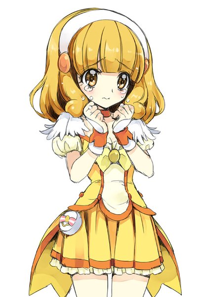 Anime picture 600x847 with precure smile precure! toei animation kise yayoi cure peace yukiwo single tall image blush short hair simple background blonde hair white background yellow eyes looking away blunt bangs tears crying magical girl girl