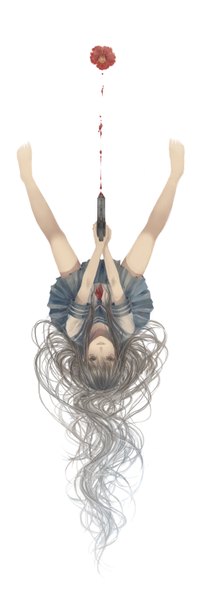 Anime-Bild 1024x3000 mit original ena1215 single long hair tall image white background barefoot grey hair grey eyes upside down girl flower (flowers) serafuku gun blood