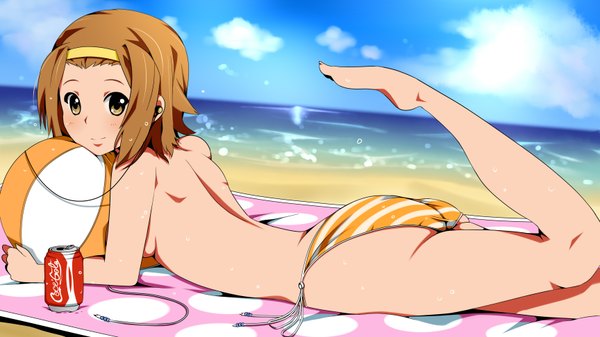 Anime picture 3456x1944 with k-on! kyoto animation tainaka ritsu single highres light erotic brown hair wide image brown eyes absurdres barefoot no bra beach product placement girl underwear panties swimsuit striped panties beachball