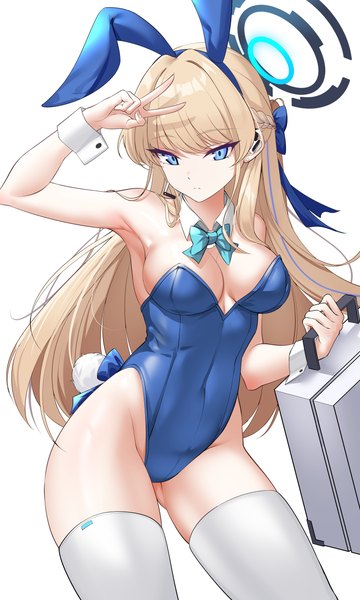 Anime picture 3144x5234 with blue archive toki (blue archive) toki (bunny) (blue archive) elze (s01047480836) single long hair tall image looking at viewer fringe highres breasts blue eyes light erotic simple background blonde hair large breasts white background holding animal ears absurdres