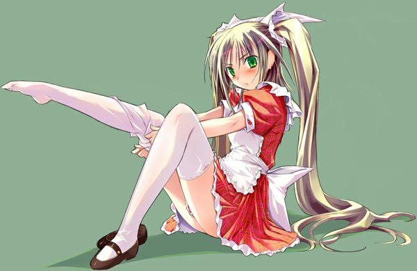 Anime picture 1024x667 with long hair green eyes maid thighhighs apron