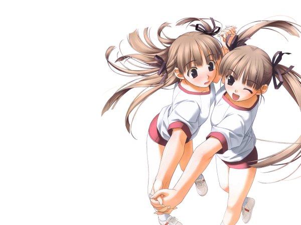 Anime picture 1280x960 with original hashimoto takashi long hair blush open mouth simple background brown hair white background twintails multiple girls brown eyes one eye closed wink holding hands girl uniform ribbon (ribbons) 2 girls hair ribbon gym uniform