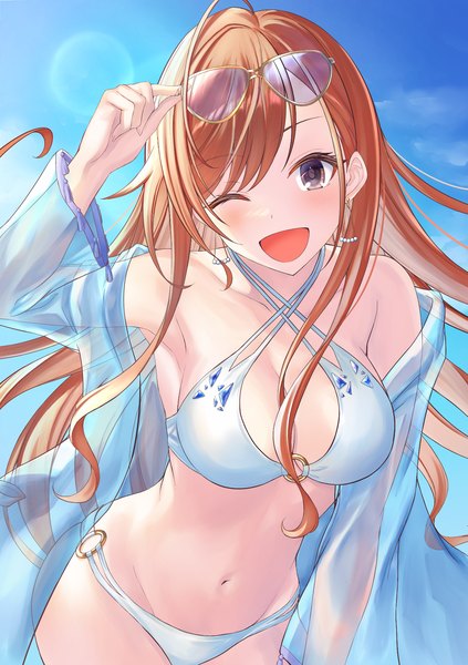Anime picture 1416x2008 with idolmaster idolmaster shiny colors arisugawa natsuha ponntatta single long hair tall image looking at viewer blush fringe breasts open mouth light erotic smile large breasts sky cloud (clouds) ahoge one eye closed arm up