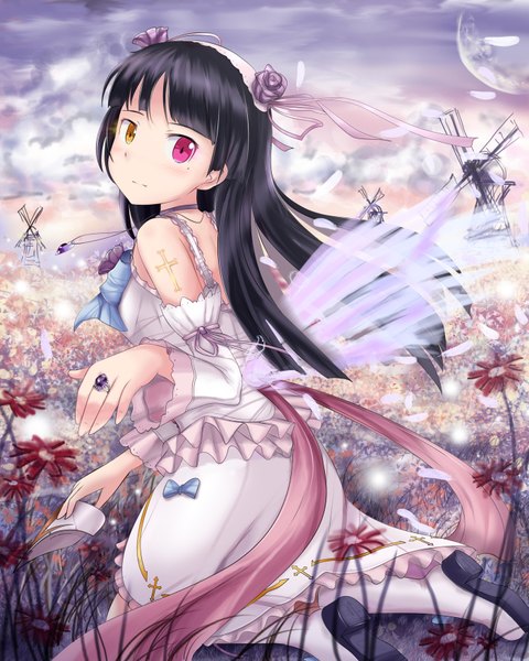 Anime picture 1400x1750 with ore no imouto ga konna ni kawaii wake ga nai gokou ruri edogawakid single long hair tall image black hair bare shoulders looking back heterochromia girl dress flower (flowers) detached sleeves wings pendant ring windmill