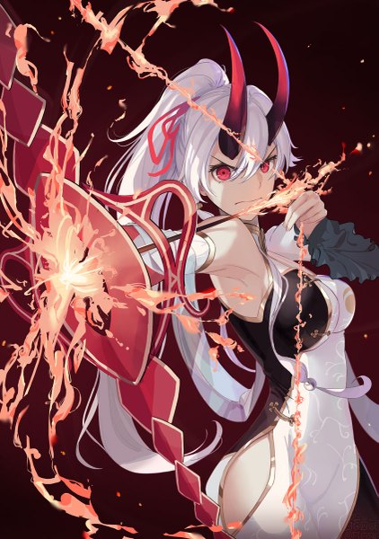 Anime picture 845x1200 with fate (series) fate/grand order tomoe gozen (fate) kodamazon single long hair tall image looking at viewer fringe breasts simple background hair between eyes red eyes standing bare shoulders holding payot silver hair ponytail traditional clothes