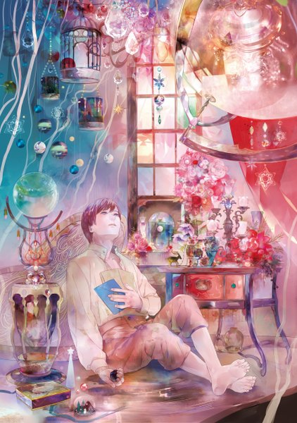 Anime picture 1760x2500 with original saiga tokihito single tall image highres short hair purple eyes purple hair barefoot looking up open collar detailed boy flower (flowers) ribbon (ribbons) shirt window heart book (books) chair