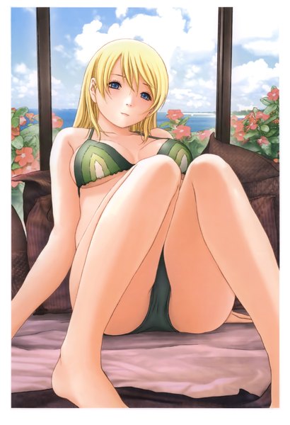 Anime picture 2823x4130 with btooom! madhouse himiko (btooom!) single long hair tall image highres breasts blue eyes light erotic blonde hair large breasts bare shoulders ass barefoot scan bare legs girl flower (flowers) swimsuit