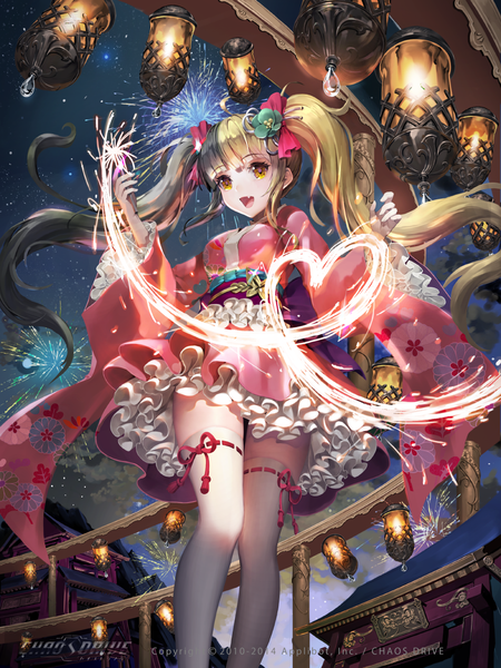 Anime-Bild 1000x1333 mit chaos drive original tob single long hair tall image looking at viewer fringe open mouth brown hair twintails payot sky blunt bangs traditional clothes japanese clothes hair flower night wide sleeves teeth