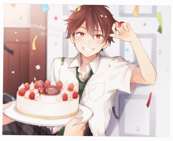 Anime picture 1200x975 with ensemble stars! morisawa chiaki tama (songe) blush fringe short hair hair between eyes brown hair brown eyes character names border dated solo focus open collar happy birthday pov boy uniform school uniform sweets