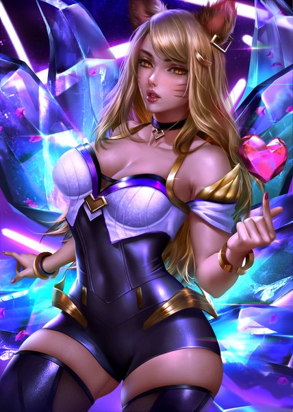 Anime picture 2471x3467 with league of legends k/da (league of legends) ahri (league of legends) k/da ahri logan cure single long hair tall image blush fringe highres breasts open mouth light erotic blonde hair large breasts standing bare shoulders animal ears yellow eyes