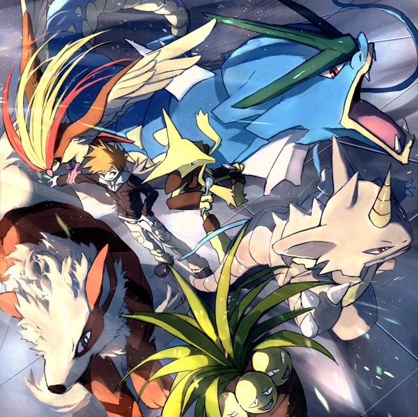 Anime picture 1000x998 with pokemon nintendo green (pokemon) arcanine pidgeot gyarados exeggutor alakazam rhydon pippi (pixiv 1922055) short hair smile brown hair brown eyes looking away horn (horns) from above hand on hip outstretched arm gen 1 pokemon