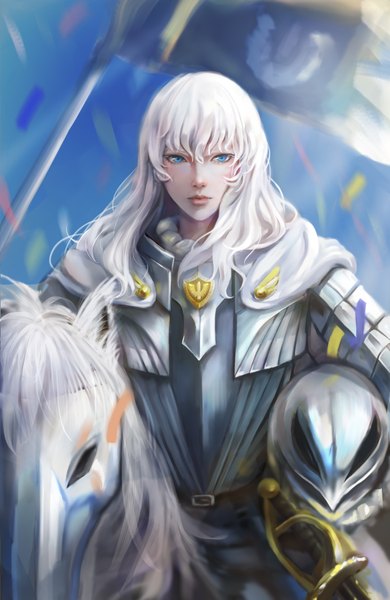 Anime picture 2480x3814 with berserk griffith black xiao hei single long hair tall image looking at viewer fringe highres blue eyes hair between eyes white hair sheathed helmet removed holding helmet boy weapon animal sword belt