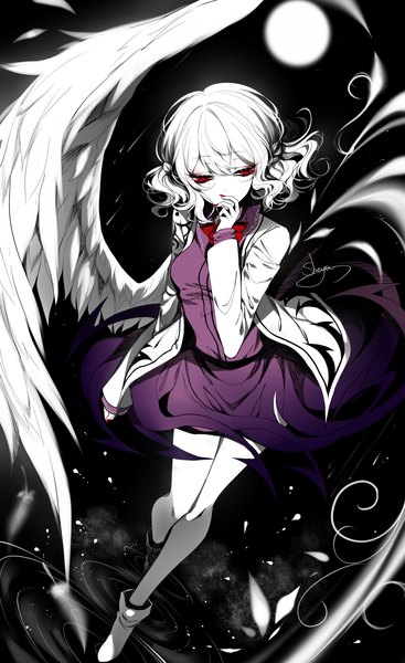 Anime picture 2200x3600 with touhou kishin sagume sheya single tall image highres red eyes signed white hair nail polish black background looking down walking red nail polish ripples polychromatic single wing girl dress wings