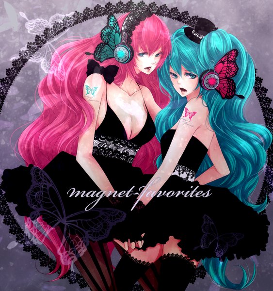 Anime picture 1581x1686 with vocaloid magnet (vocaloid) hatsune miku megurine luka zukiyuki long hair tall image multiple girls green eyes pink hair green hair insect wings butterfly wings girl dress 2 girls headphones black dress top hat