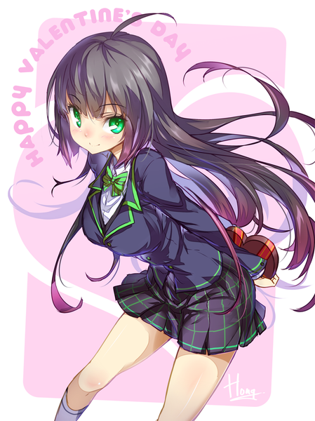 Anime picture 674x900 with original hong (white spider) single long hair tall image looking at viewer blush fringe breasts black hair simple background green eyes pink hair multicolored hair light smile inscription leaning leaning forward gradient hair girl