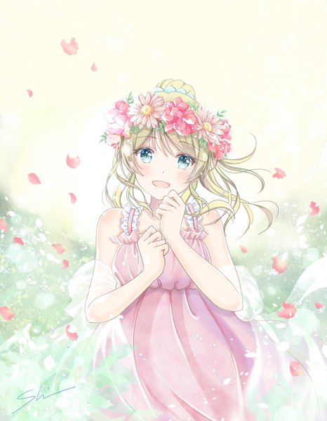 Anime picture 737x948 with love live! school idol project sunrise (studio) love live! ayase eli shino (shinderera) single long hair tall image looking at viewer blue eyes blonde hair bare shoulders signed ponytail head tilt wind hand to mouth girl dress flower (flowers)