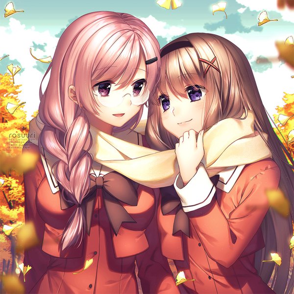 Anime picture 800x800 with sono hanabira ni kuchizuke wo kitajima kaede kitajima sara rosuuri long hair fringe open mouth hair between eyes brown hair purple eyes multiple girls signed looking away pink hair sky upper body braid (braids) long sleeves pink eyes single braid