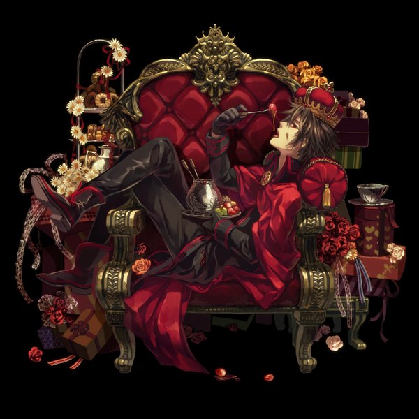 Anime picture 1550x1550 with original minami seira single looking at viewer short hair open mouth simple background red eyes brown hair crossed legs black background eating boy gloves flower (flowers) food boots sweets rose (roses) cloak