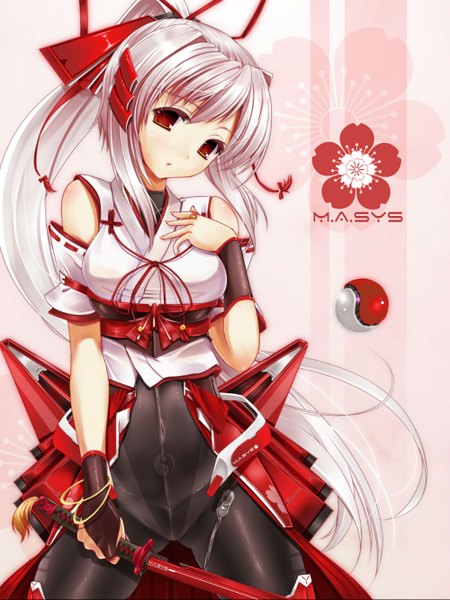 Anime picture 1000x1333 with original scarlet (studioscr) single long hair tall image red eyes white hair ponytail traditional clothes japanese clothes mecha musume girl flower (flowers) weapon sword