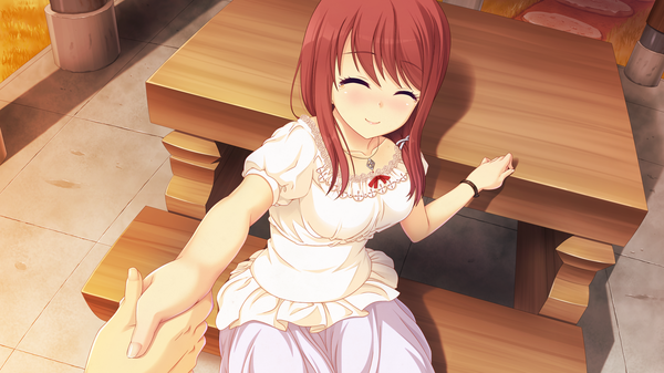 Anime picture 2560x1440 with kanojo step kano shiina long hair blush highres smile brown hair wide image sitting game cg eyes closed holding hands girl dress