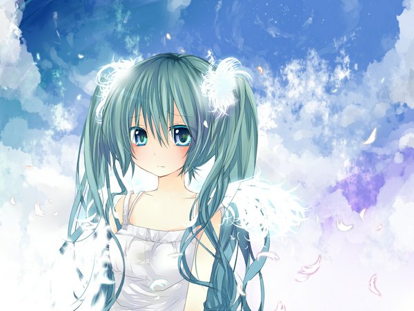 Anime picture 1024x768 with vocaloid hatsune miku horon (artist) single long hair blush twintails green eyes aqua hair girl sundress