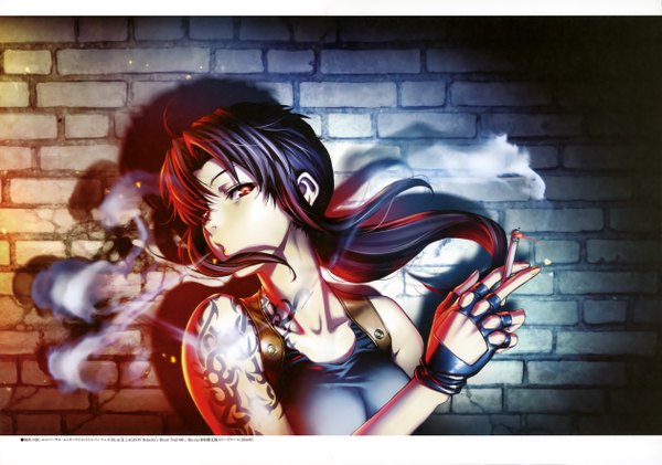 Anime picture 5033x3538 with black lagoon madhouse revy (black lagoon) hiroe rei single long hair looking at viewer highres open mouth bare shoulders yellow eyes absurdres purple hair ponytail wind scan shadow tattoo smoke smoking