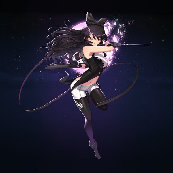 Anime picture 6000x6000 with rwby rooster teeth blake belladonna uyalago single long hair looking at viewer fringe highres breasts black hair standing holding yellow eyes absurdres full body long sleeves night bare belly night sky