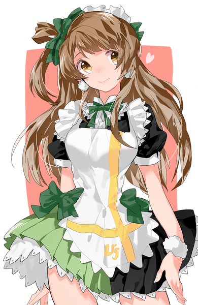 Anime picture 750x1152 with love live! school idol project sunrise (studio) love live! minami kotori hi-ge single long hair tall image blush fringe smile brown hair brown eyes looking away light smile one side up waitress girl uniform bow