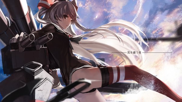 Anime picture 1889x1062 with kantai collection amatsukaze destroyer rensouhou-kun swd3e2 long hair looking at viewer highres light erotic wide image brown eyes signed silver hair ass two side up pantyshot girl dress hair ornament underwear panties