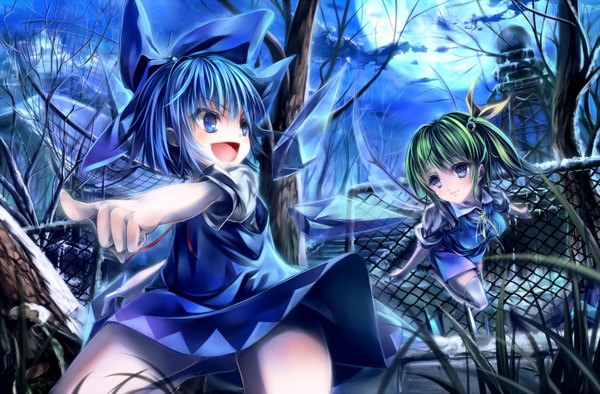 Anime picture 1400x921 with touhou cirno daiyousei tenhenoboru short hair open mouth blue eyes multiple girls blue hair cloud (clouds) ponytail green hair night side ponytail pointing girl thighhighs dress bow 2 girls