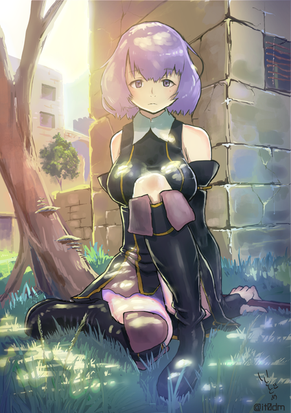 Anime picture 1158x1637 with hai to gensou no grimgar a-1 pictures shihoru (grimgar) single tall image looking at viewer blush fringe short hair breasts hair between eyes large breasts sitting purple eyes bare shoulders holding signed sky purple hair full body