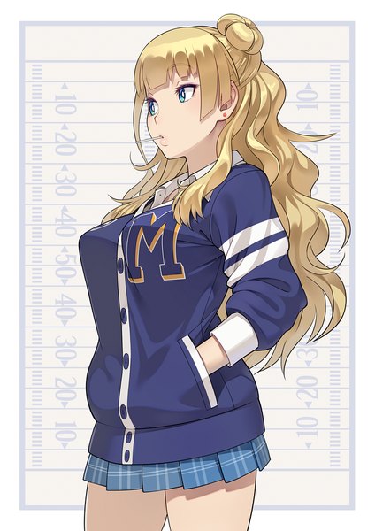 Anime picture 778x1100 with oshiete! gyaru-ko-chan feel (studio) gyaru-ko go robots single long hair tall image fringe blue eyes blonde hair standing looking away hair bun (hair buns) open collar hands in pockets girl skirt uniform school uniform earrings