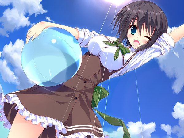 Anime picture 1280x960 with hoshizora e kakaru hashi doga kobo yocchan blush short hair open mouth blue eyes black hair game cg cloud (clouds) one eye closed wink girl uniform school uniform bowtie