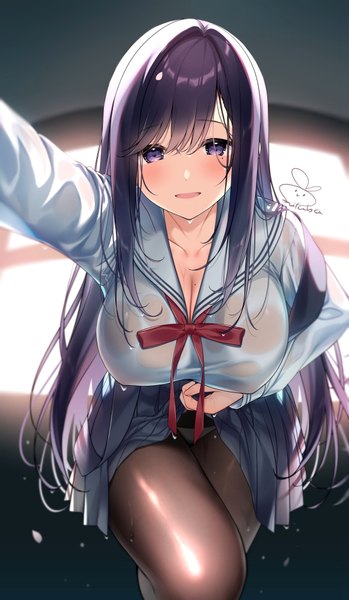 Anime picture 581x1000 with original futaba miwa single long hair tall image looking at viewer blush fringe breasts open mouth light erotic smile hair between eyes large breasts purple eyes holding signed cleavage purple hair bent knee (knees)
