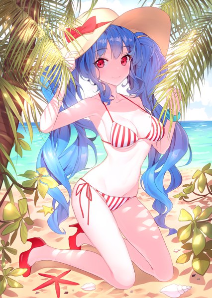 Anime picture 608x857 with sword girls luthica preventer ronopu single long hair tall image looking at viewer fringe breasts light erotic smile red eyes twintails blue hair sky bent knee (knees) shadow high heels beach kneeling