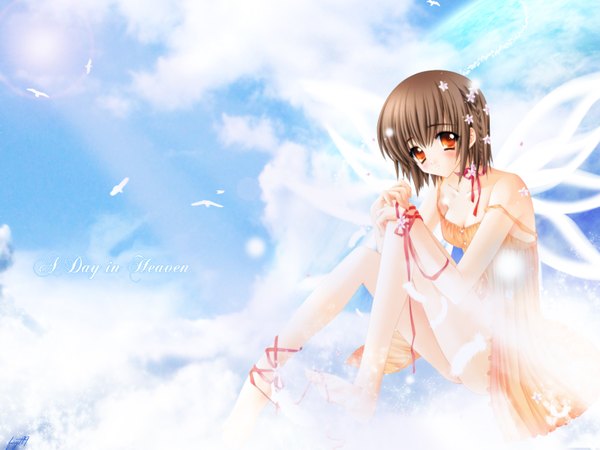Anime picture 1600x1200 with carnelian single looking at viewer blush fringe short hair brown hair sitting bare shoulders payot sky full body bent knee (knees) head tilt barefoot hair flower inscription orange eyes soles hand on knee