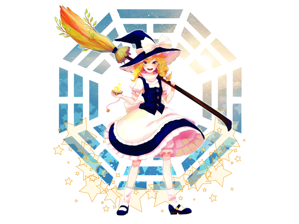 Anime picture 5177x3883 with touhou kirisame marisa pepepo (kyachi) single highres short hair blonde hair yellow eyes absurdres braid (braids) girl hat shoes star (symbol) witch hat broom mary janes knickers mini-hakkero