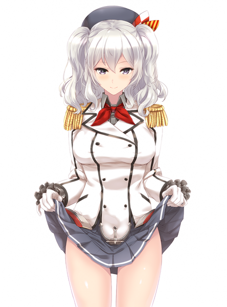 Anime picture 1000x1350 with kantai collection kashima training cruiser infinote single long hair tall image blush light erotic simple background standing white background twintails silver hair light smile grey eyes skirt lift military girl skirt gloves