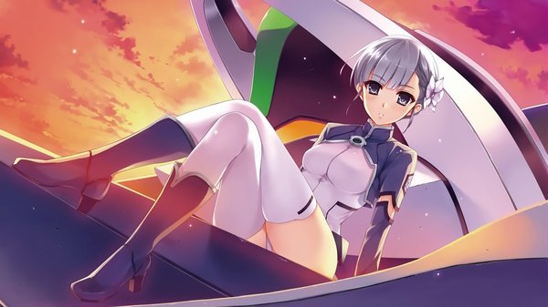Anime picture 1920x1080 with rinne no lagrange production i.g fin e ld si laffinty misaki kurehito highres short hair wide image sitting silver hair evening sunset silver eyes girl thighhighs hair ornament white thighhighs boots bodysuit