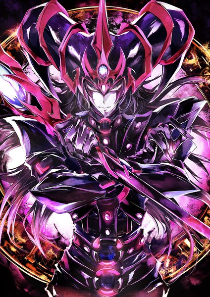Anime picture 800x1131 with yu-gi-oh! magician of black chaos dark magician of chaos pkk long hair tall image looking at viewer holding multicolored hair glowing gradient hair fighting stance serious dual wielding face paint boy weapon