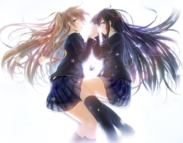 Anime picture 1271x1000 with white album 2 touma kazusa ogiso setsuna wingheart long hair looking at viewer blush blue eyes black hair simple background brown hair white background multiple girls brown eyes holding hands girl skirt uniform 2 girls school uniform