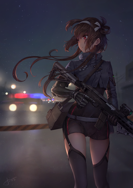 Anime picture 2480x3508 with girls frontline type 79 (girls frontline) jay xu single long hair tall image highres light erotic red eyes brown hair standing holding signed looking away sky outdoors long sleeves parted lips wind night