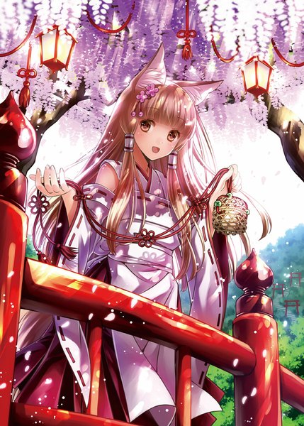 Anime picture 715x1000 with original akisaki rio single long hair tall image looking at viewer blush open mouth blonde hair brown eyes animal ears traditional clothes japanese clothes fox ears fox girl miko girl flower (flowers) petals wisteria