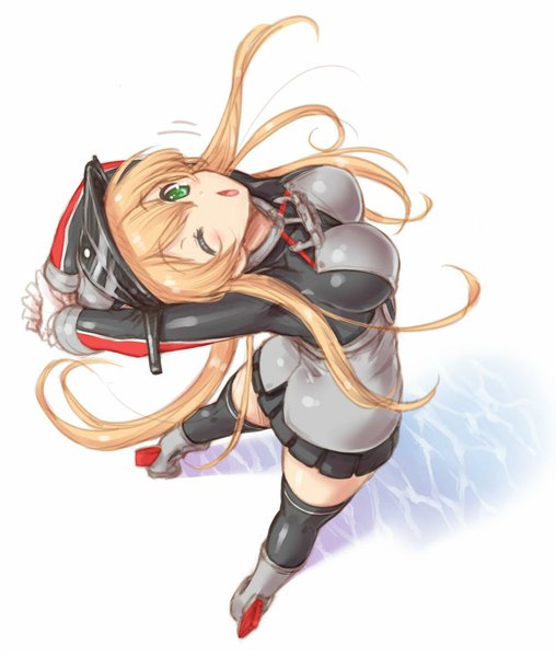 Anime picture 1000x1180 with kantai collection prinz eugen (kantai collection) uguisu kagura single long hair tall image blush fringe breasts open mouth blonde hair hair between eyes standing white background green eyes pleated skirt one eye closed from above wink arms up