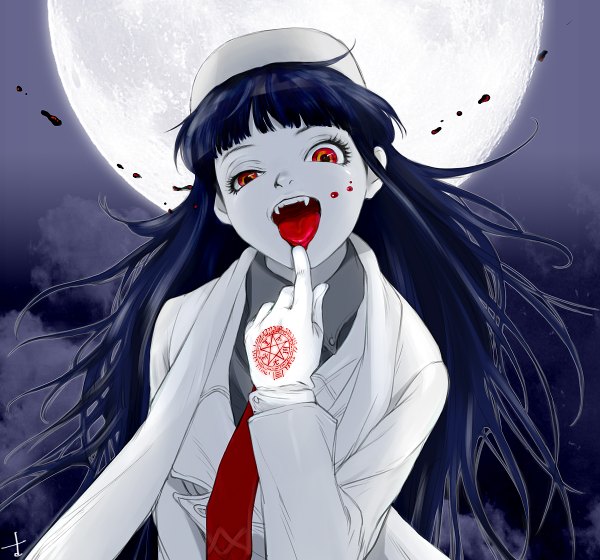 Anime picture 1200x1120 with hellsing alucard (hellsing) girlycard sapon244 single long hair looking at viewer fringe open mouth red eyes blue hair night teeth fang (fangs) finger to mouth genderswap girl gloves hat necktie