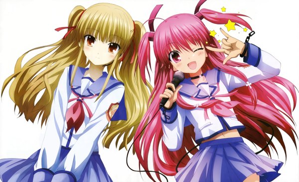 Anime picture 5803x3536 with angel beats! key (studio) yui (angel beats!) yusa (angel beats!) satou rika (artist) long hair blush highres open mouth blonde hair smile wide image white background multiple girls brown eyes pink hair absurdres braid (braids) one eye closed pink eyes