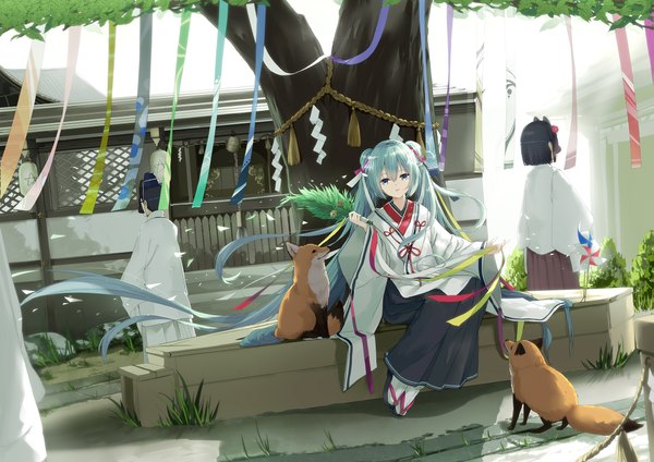 Anime picture 2039x1442 with vocaloid hatsune miku asahi kuroi looking at viewer fringe highres blue eyes hair between eyes sitting twintails holding full body outdoors very long hair traditional clothes parted lips japanese clothes wind aqua hair wide sleeves